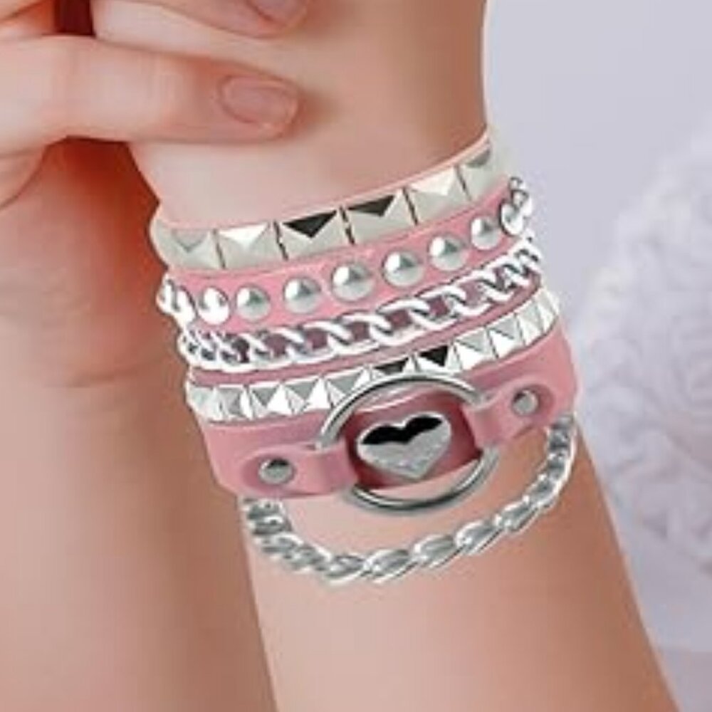 3Pcs Soft Leather Bracelets with Heart Pink and Silver‎ Pink Rock Goth